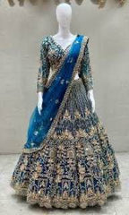 Navy Blue Heavy Embroidered Lehenga Set with Golden Zari and Sequin Work