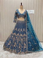 Navy Blue Heavy Embroidered Lehenga Set with Golden Zari and Sequin Work