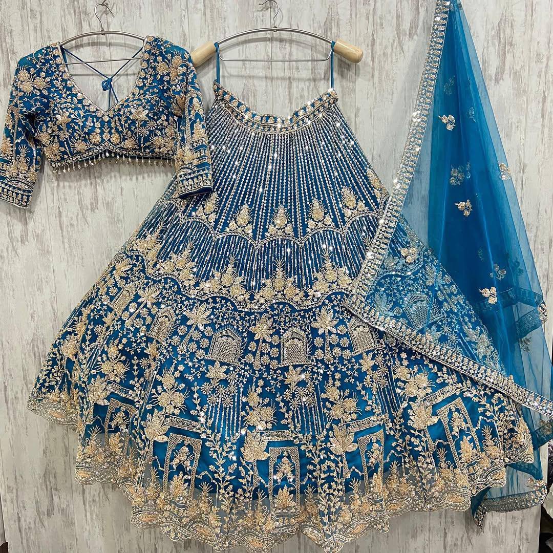 Navy Blue Heavy Embroidered Lehenga Set with Golden Zari and Sequin Work