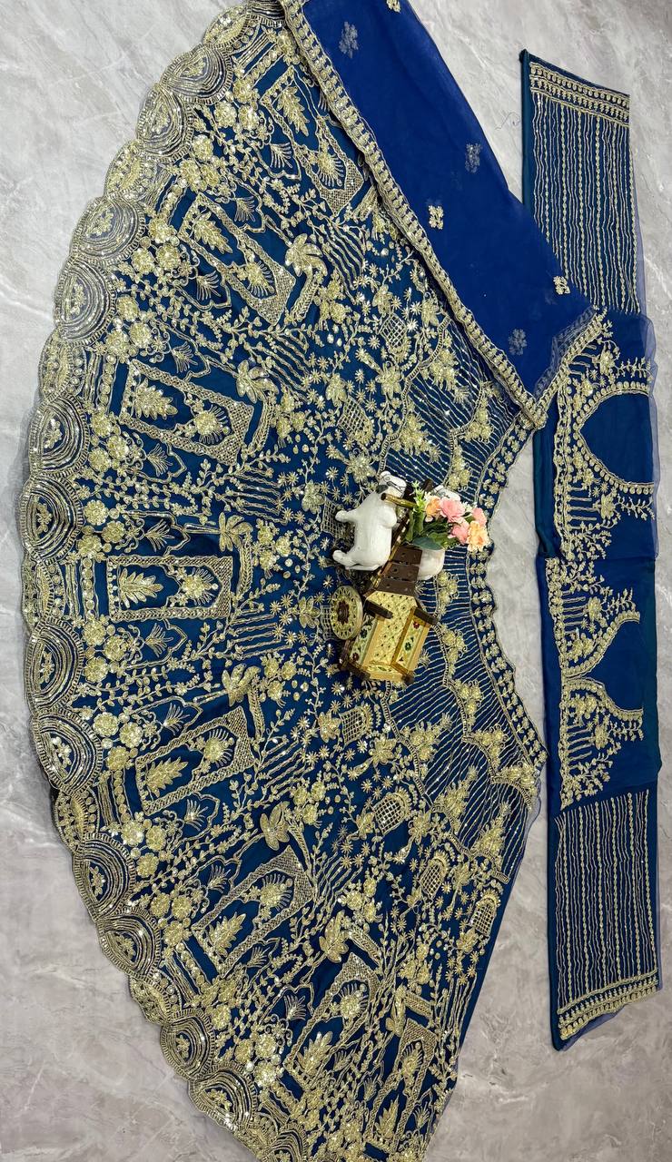 Navy Blue Heavy Embroidered Lehenga Set with Golden Zari and Sequin Work