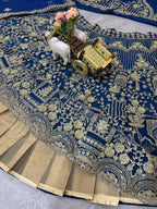 Navy Blue Heavy Embroidered Lehenga Set with Golden Zari and Sequin Work