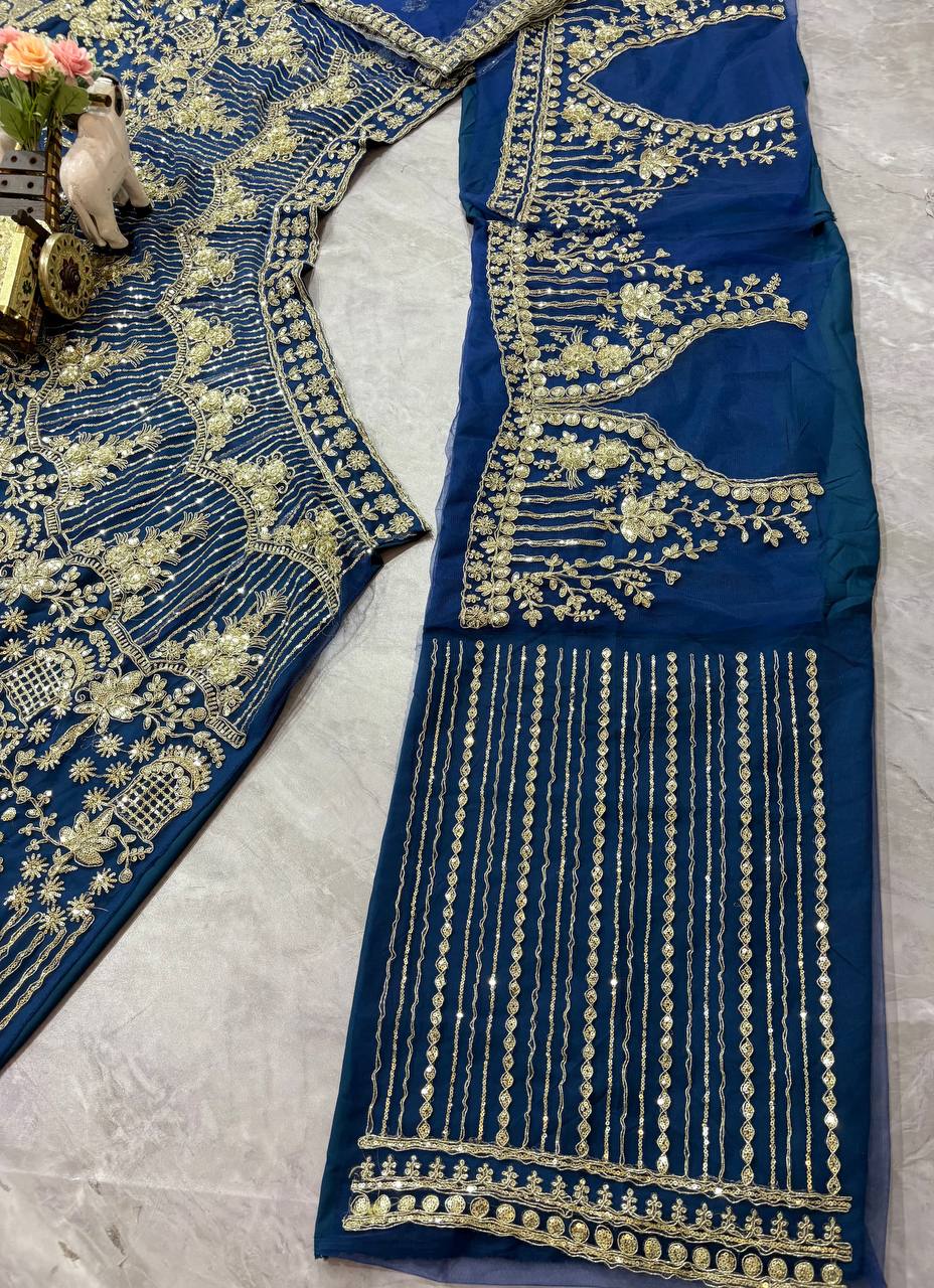 Navy Blue Heavy Embroidered Lehenga Set with Golden Zari and Sequin Work