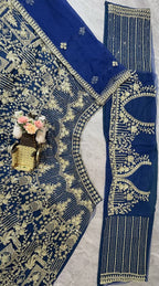 Navy Blue Heavy Embroidered Lehenga Set with Golden Zari and Sequin Work