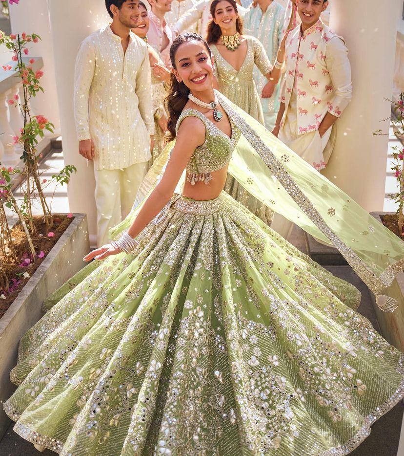 Mint Silver Radiance Mirror Embroidered Lehenga Choli