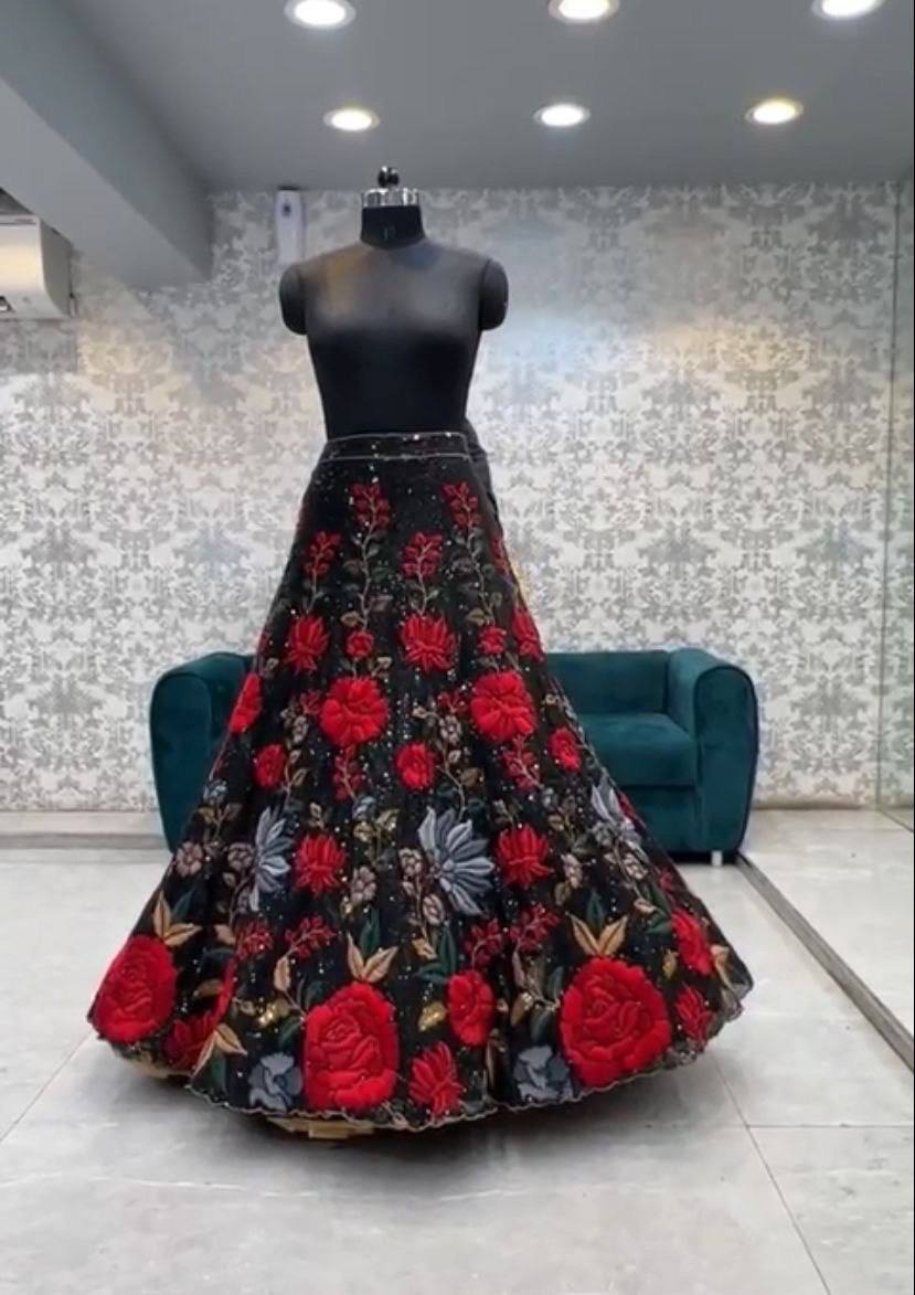 Soft Net Lehenga Choli with Black Multicolor Floral Embroidery & Sequins Work