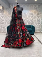 Soft Net Lehenga Choli with Black Multicolor Floral Embroidery & Sequins Work
