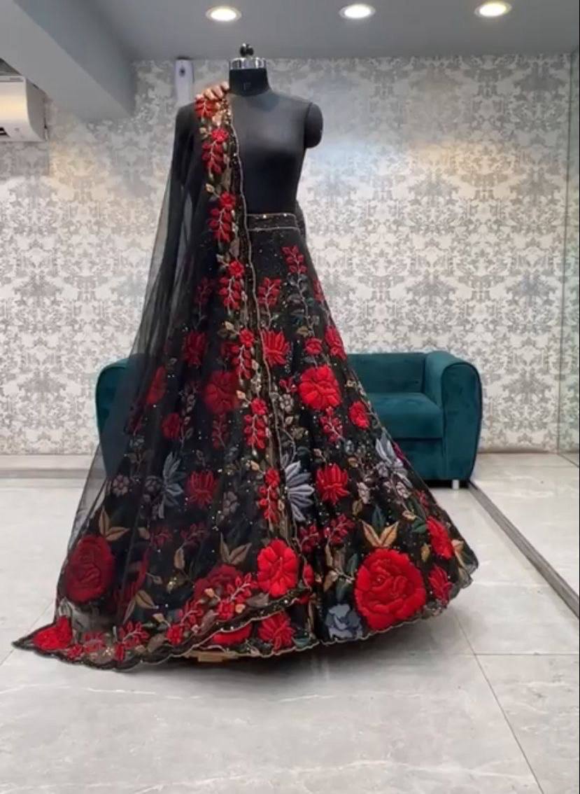 Soft Net Lehenga Choli with Black Multicolor Floral Embroidery & Sequins Work