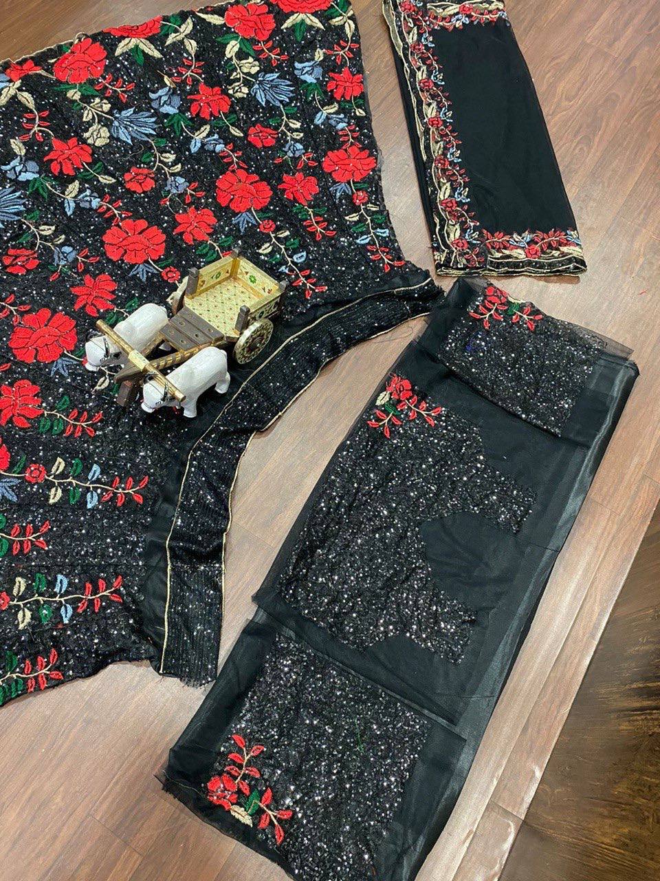 Soft Net Lehenga Choli with Black Multicolor Floral Embroidery & Sequins Work
