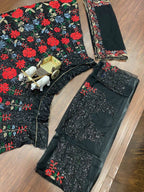 Soft Net Lehenga Choli with Black Multicolor Floral Embroidery & Sequins Work