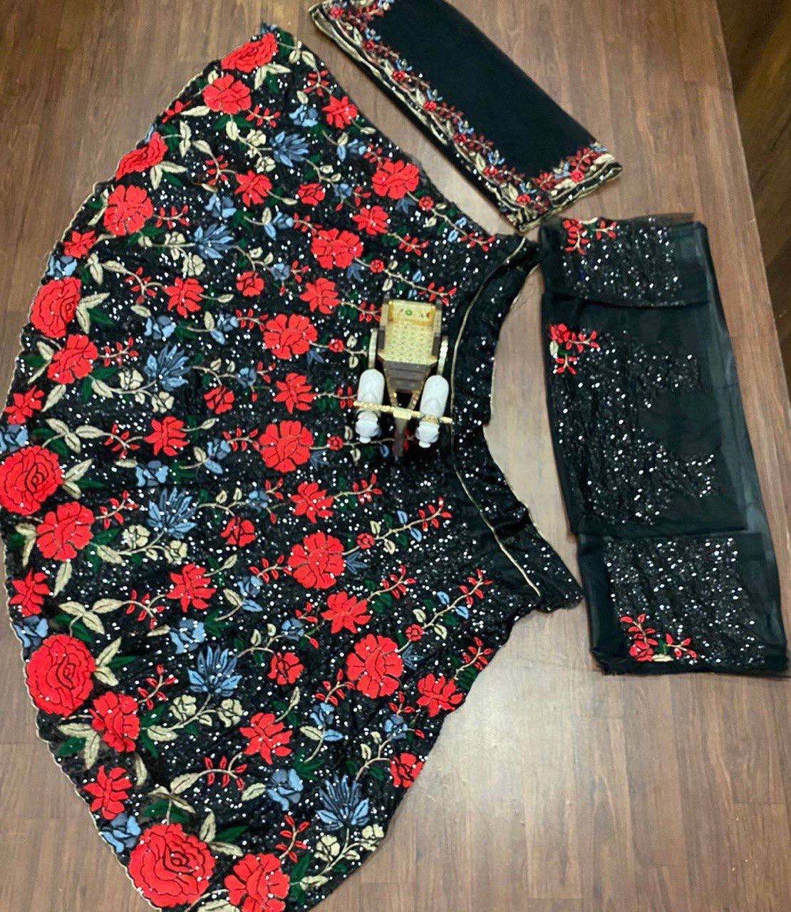 Soft Net Lehenga Choli with Black Multicolor Floral Embroidery & Sequins Work