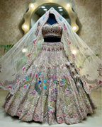 White Net Lehenga Choli with Colorful Peacock & Floral Embroidery