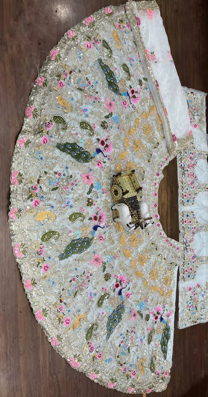 White Net Lehenga Choli with Colorful Peacock & Floral Embroidery