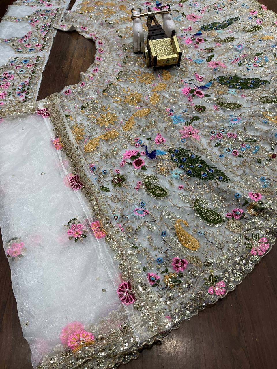 White Net Lehenga Choli with Colorful Peacock & Floral Embroidery