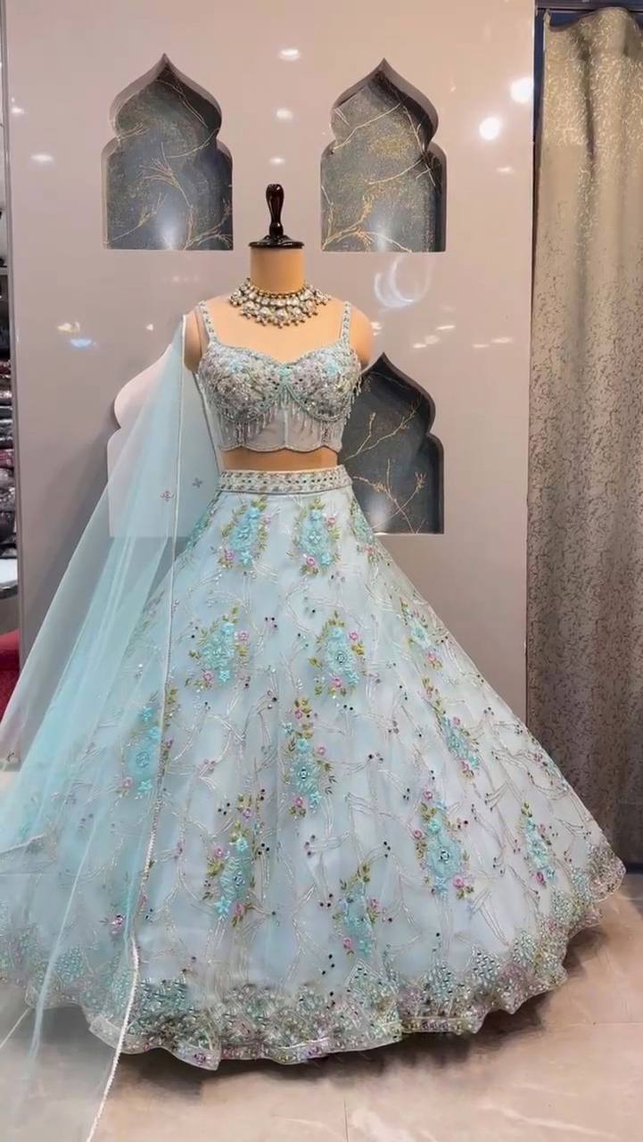 Soft Net Embroidered Lehenga Choli with Mirror & Sequins Work