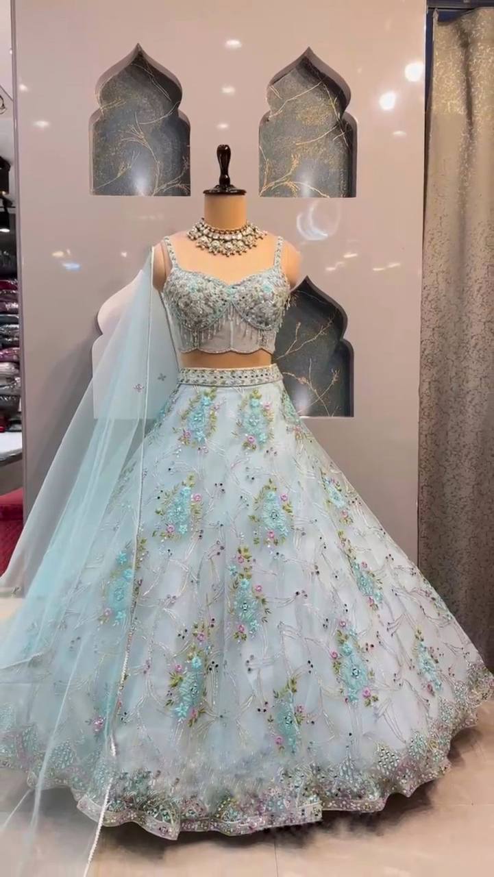 Soft Net Embroidered Lehenga Choli with Mirror & Sequins Work