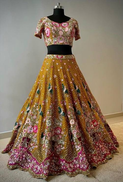 Mustard Yellow Soft Net Lehenga Choli with Heavy Multicolor Embroidery & Mirror Work