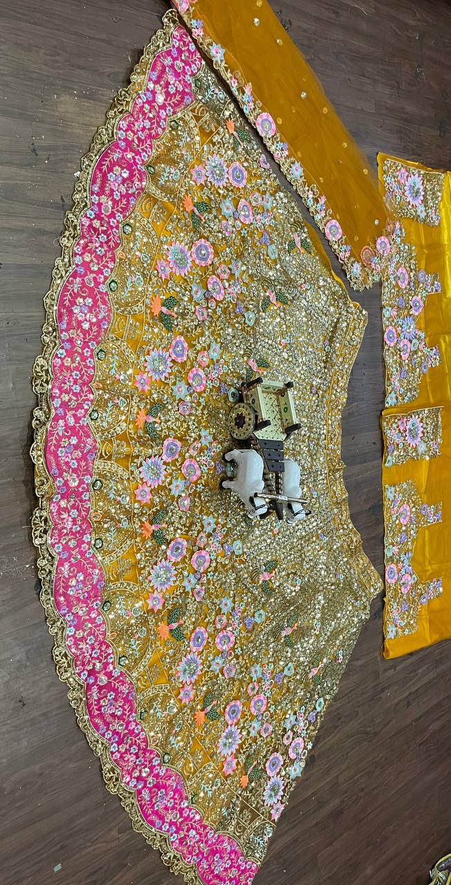 Mustard Yellow Soft Net Lehenga Choli with Heavy Multicolor Embroidery & Mirror Work