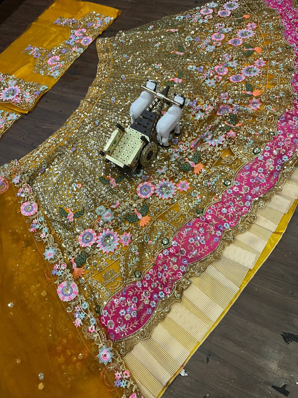 Mustard Yellow Soft Net Lehenga Choli with Heavy Multicolor Embroidery & Mirror Work