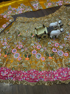 Mustard Yellow Soft Net Lehenga Choli with Heavy Multicolor Embroidery & Mirror Work