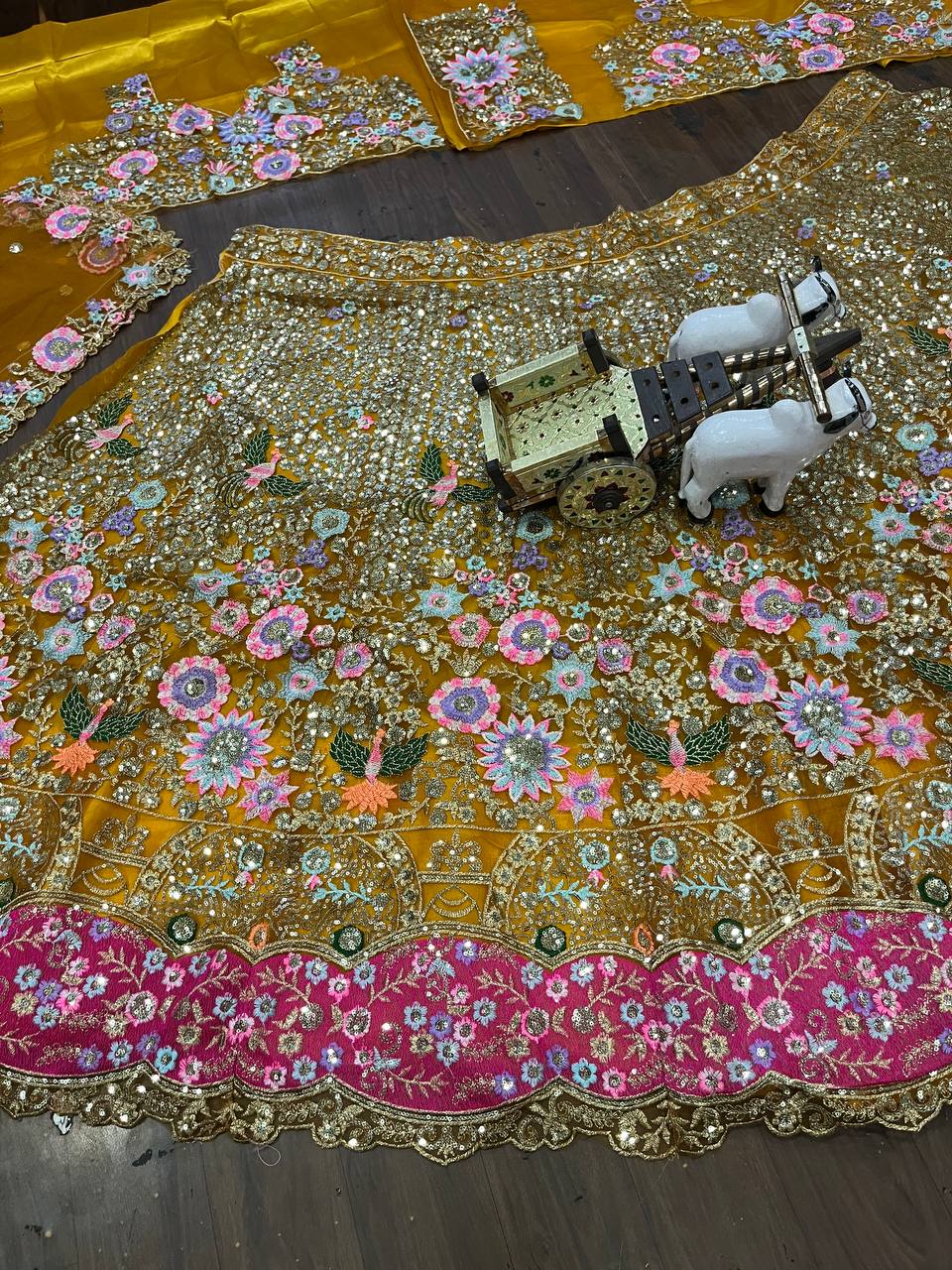 Mustard Yellow Soft Net Lehenga Choli with Heavy Multicolor Embroidery & Mirror Work