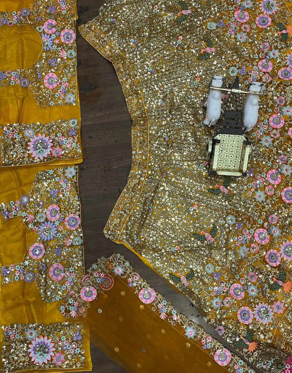 Mustard Yellow Soft Net Lehenga Choli with Heavy Multicolor Embroidery & Mirror Work