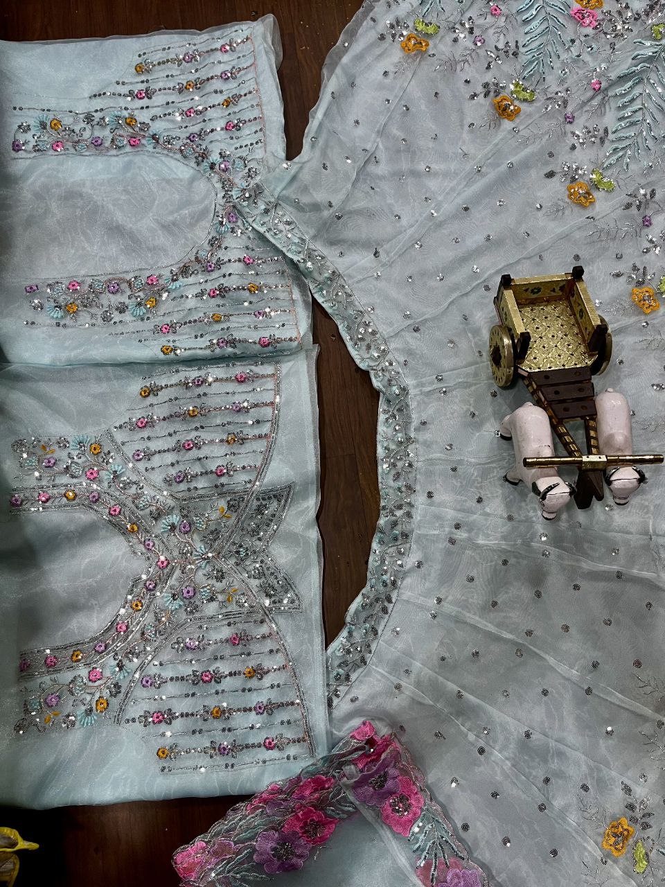 Light Blue Soft Ne🌸 Light Blue Soft Net Lehenga Choli with Multicolor Floral Embroidery & Mirror Sequins Workt Lehenga Choli with Multicolor Floral Embroidery & Sequins Work