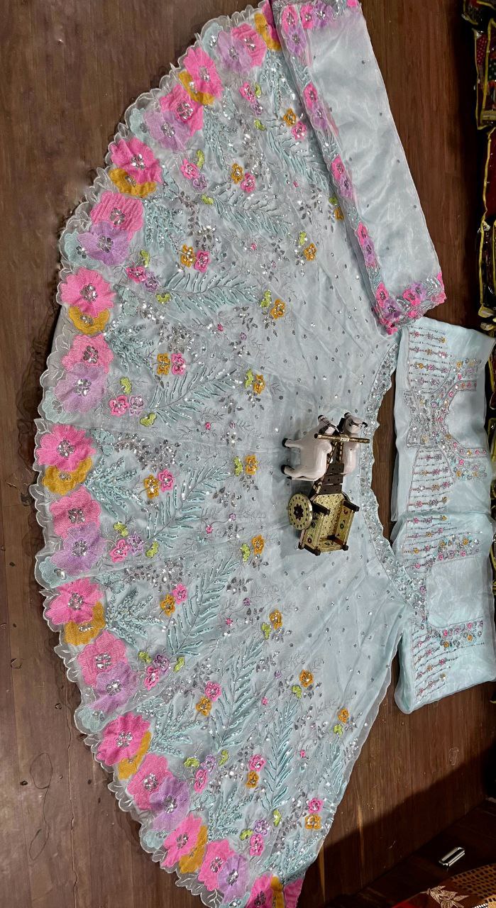 Light Blue Soft Ne🌸 Light Blue Soft Net Lehenga Choli with Multicolor Floral Embroidery & Mirror Sequins Workt Lehenga Choli with Multicolor Floral Embroidery & Sequins Work