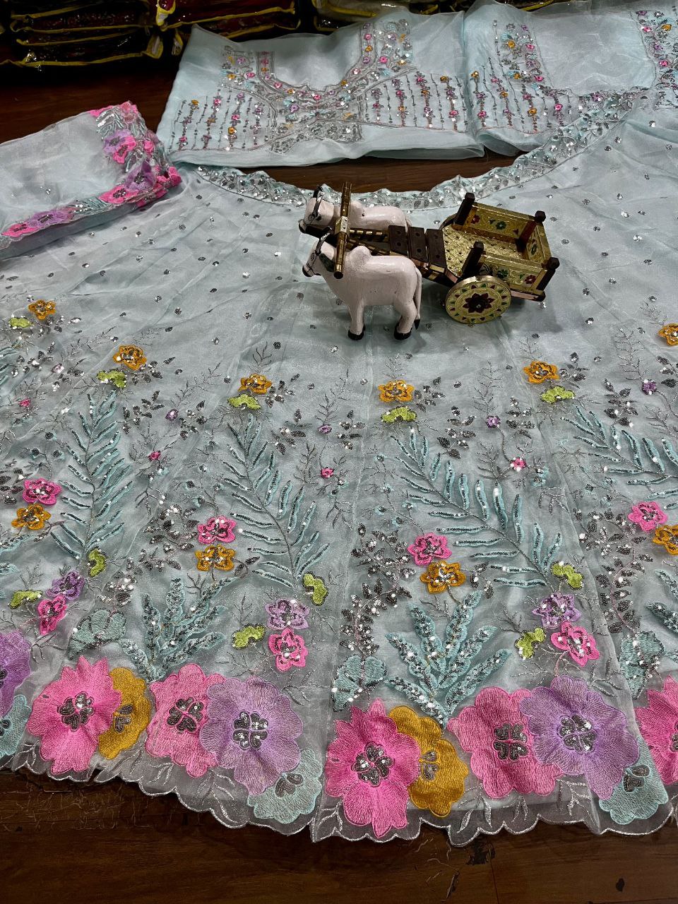 Light Blue Soft Ne🌸 Light Blue Soft Net Lehenga Choli with Multicolor Floral Embroidery & Mirror Sequins Workt Lehenga Choli with Multicolor Floral Embroidery & Sequins Work