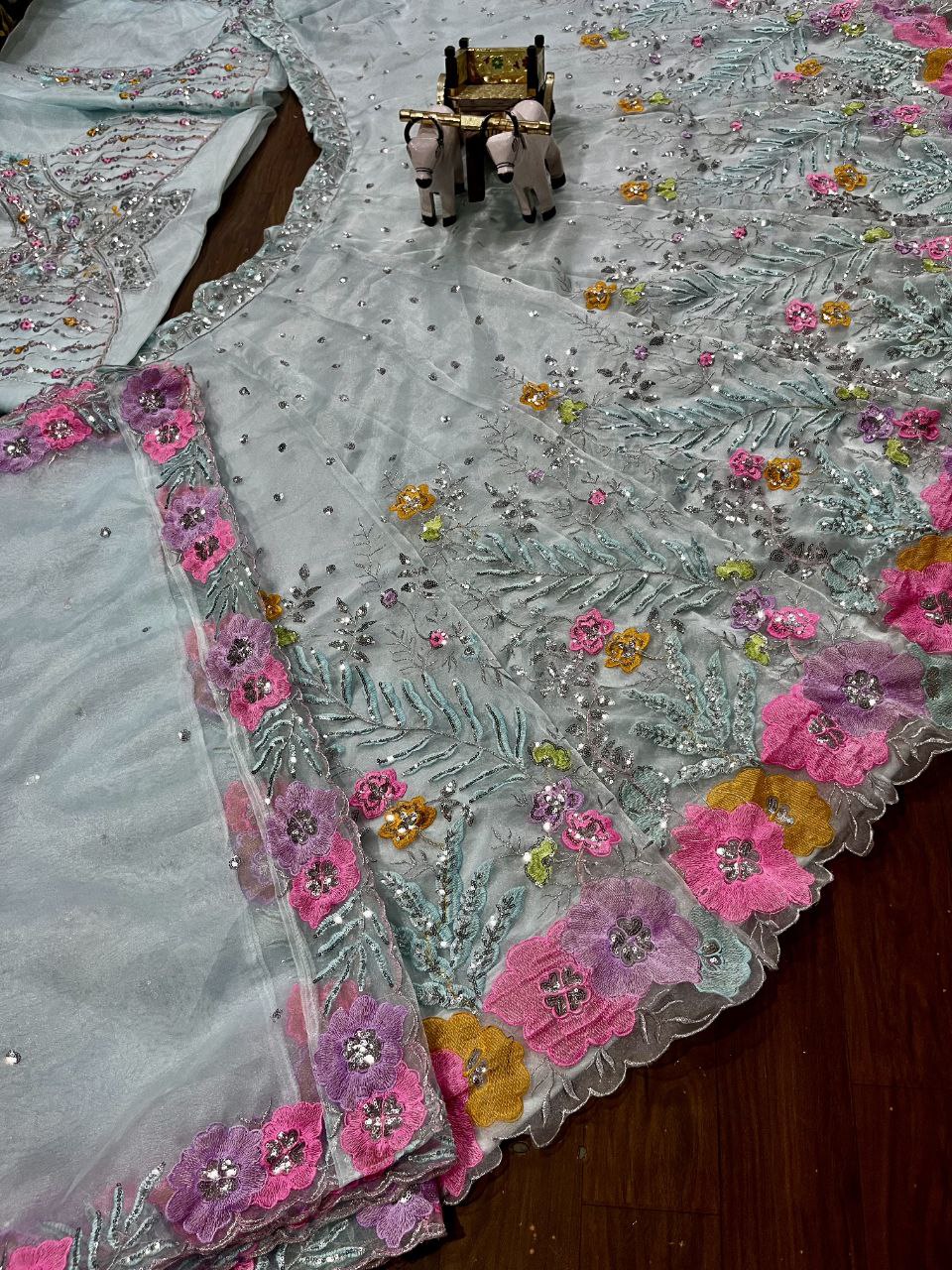 Light Blue Soft Ne🌸 Light Blue Soft Net Lehenga Choli with Multicolor Floral Embroidery & Mirror Sequins Workt Lehenga Choli with Multicolor Floral Embroidery & Sequins Work