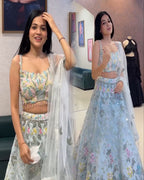 Sky Blue Soft Net Lehenga Choli with Floral Embroidery & Sequins