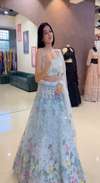 Sky Blue Soft Net Lehenga Choli with Floral Embroidery & Sequins