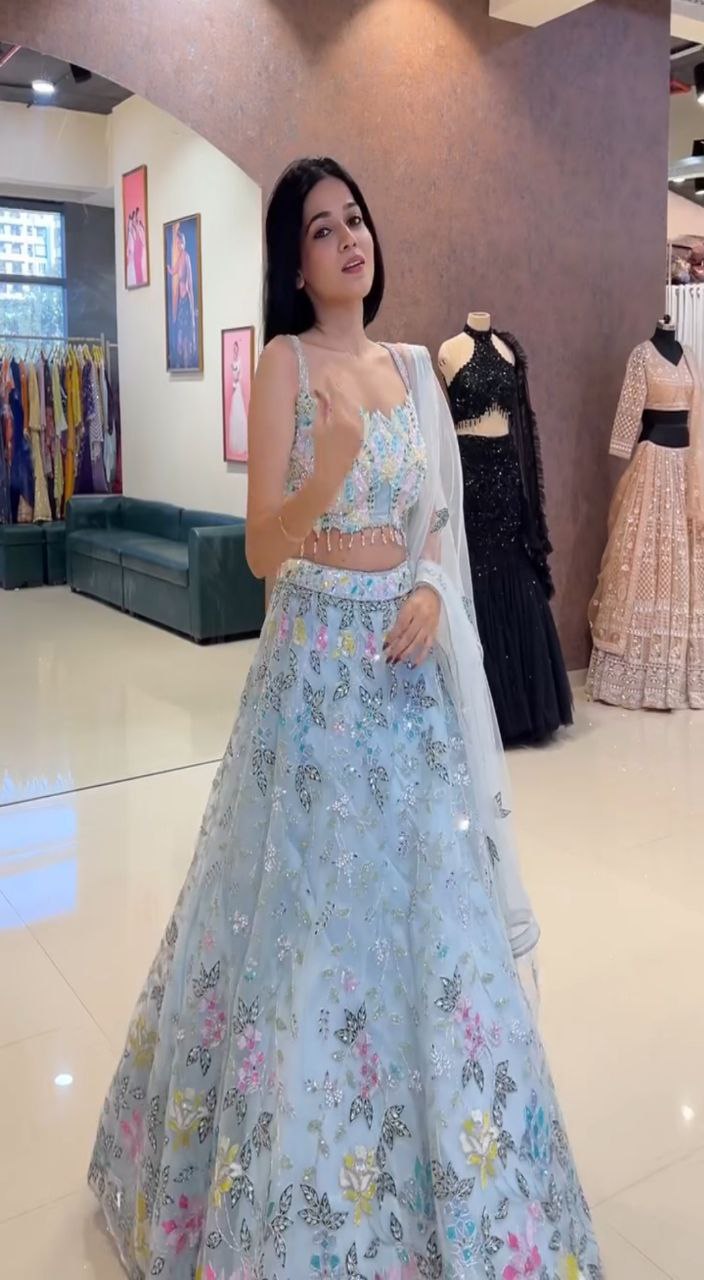 Sky Blue Soft Net Lehenga Choli with Floral Embroidery & Sequins