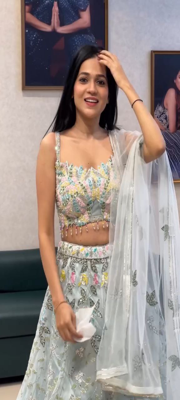 Sky Blue Soft Net Lehenga Choli with Floral Embroidery & Sequins