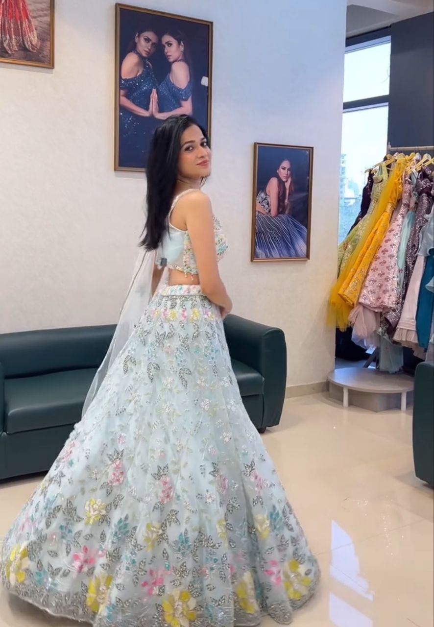 Sky Blue Soft Net Lehenga Choli with Floral Embroidery & Sequins