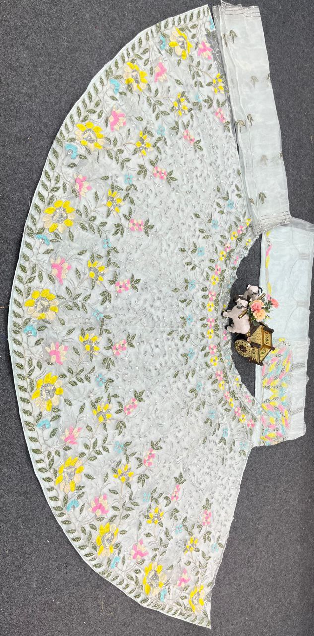 Sky Blue Soft Net Lehenga Choli with Floral Embroidery & Sequins
