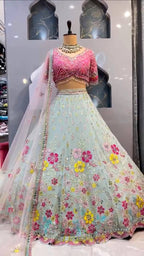 Mint Net Lehenga with Multi-Color Embroidery