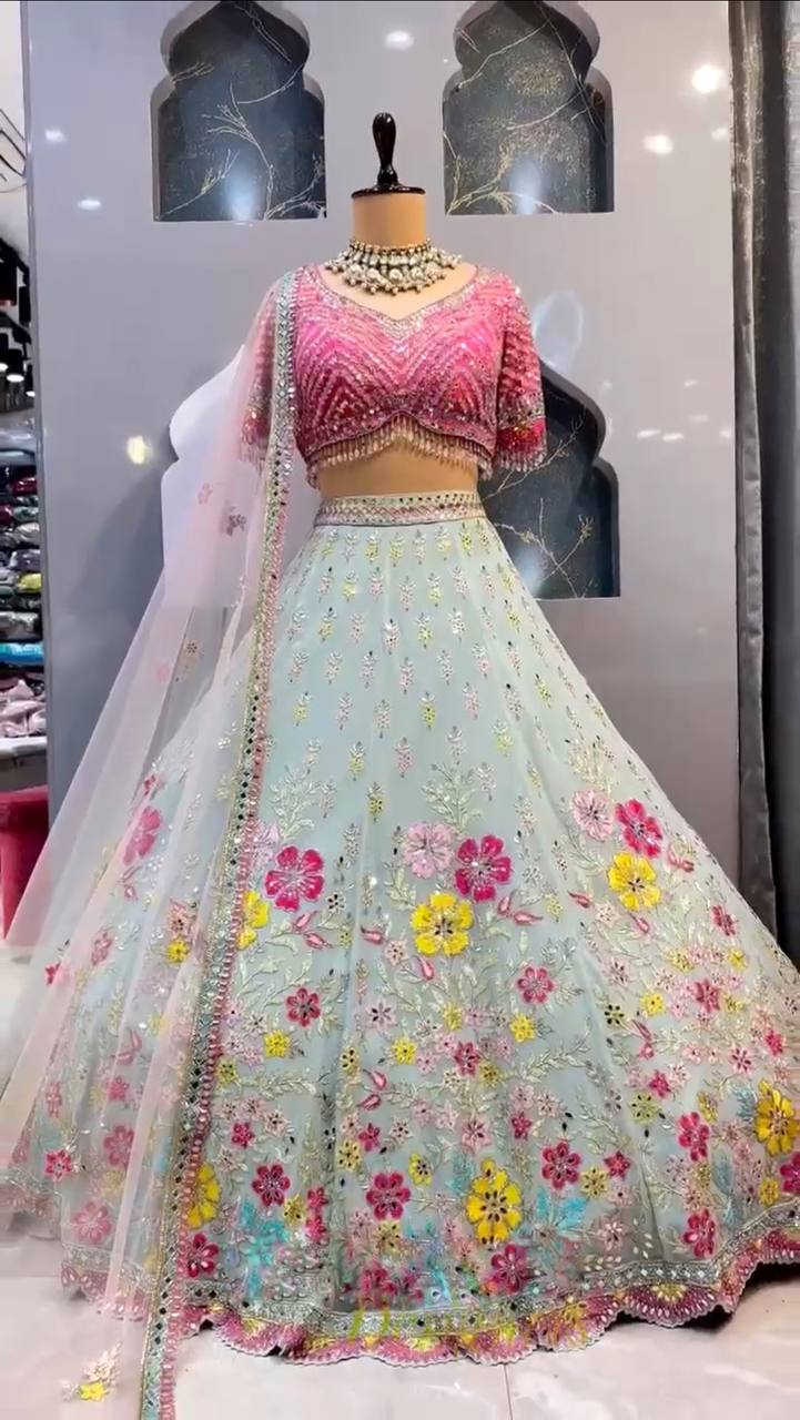 Mint Net Lehenga with Multi-Color Embroidery