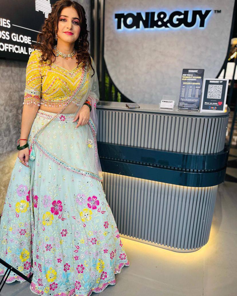 Mint Net Lehenga with Multi-Color Embroidery