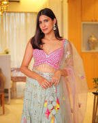 Mint Net Lehenga with Multi-Color Embroidery