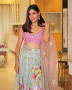Mint Net Lehenga with Multi-Color Embroidery