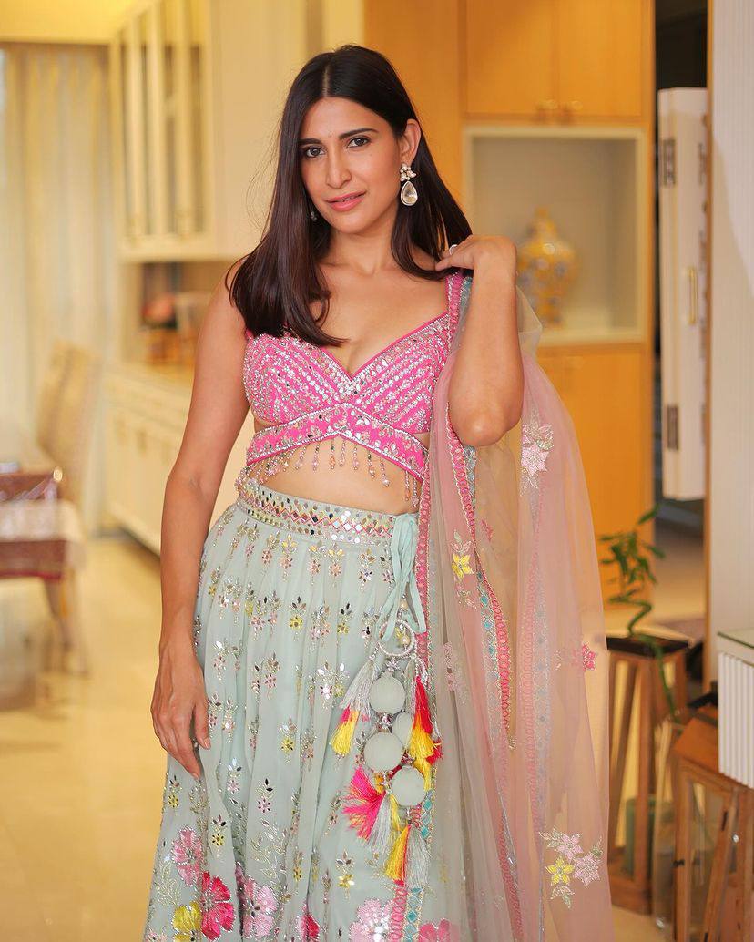 Mint Net Lehenga with Multi-Color Embroidery