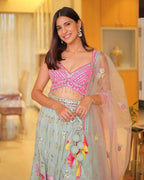 Mint Net Lehenga with Multi-Color Embroidery