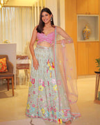 Mint Net Lehenga with Multi-Color Embroidery
