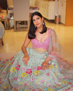 Mint Net Lehenga with Multi-Color Embroidery