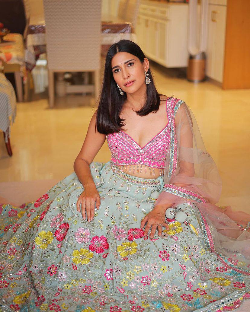 Mint Net Lehenga with Multi-Color Embroidery